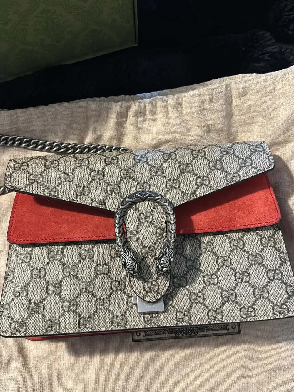 Gucci Dionysus GG Supreme Shoulder Bag in Beige and Red Suede